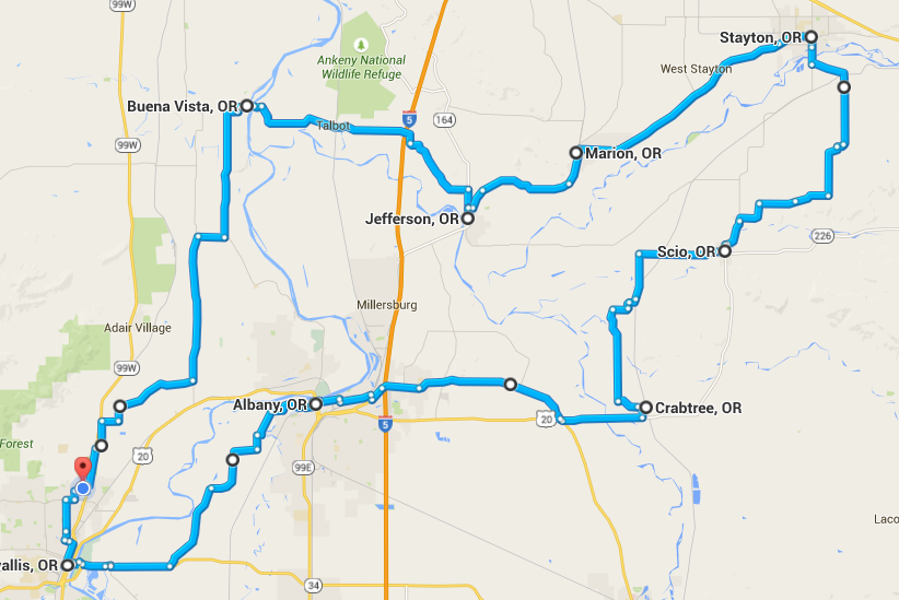 Map of my ride to Stayton